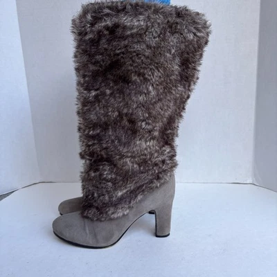 Sam Edelman Shalin Suede Tall Boots Faux Fur Shaft Wool Lined Women 8 Taupe Grey - Image 1 of 4