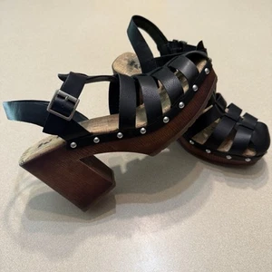Korks Whitney Holz-Plateausandalen Damen 8M schwarz Nieten Kork klobiger Absatz - Bild 1 von 14