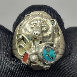 Anillo Oso Nativo Americano Talla 10.5 Navajo Turquesa Coral Plata de Ley 925 - Imagen 1 de 18