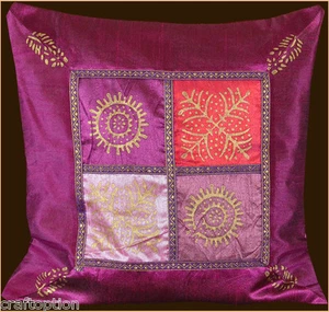FUCHSIA SILK GOLD BLOCK PRINTING PILLOW COVER/CUSHION COVER FROM INDIA - Bild 1 von 6