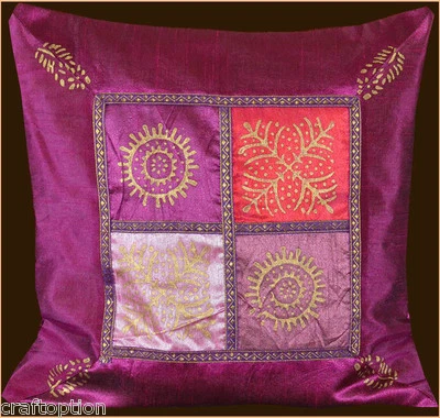 FUCHSIA SILK GOLD BLOCK PRINTING PILLOW COVER/CUSHION COVER FROM INDIA - Image 1 of 4