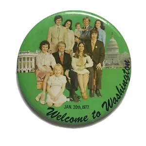 Prendedor de bienvenida a Washington 1977 Jimmy Carter inauguración primera familia botón 4" - Imagen 1 de 3