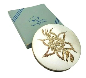 Vintage Rex Fifth Avenue Brass Floral Enamel Large Compact Puff Screen & Box - Picture 1 of 7