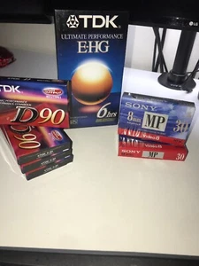 TDK E-HG T-120 VHS one, Sony P6-30MP 8MM one, and TDK D90 Cassette Tape Four - Picture 1 of 4
