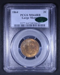 1864 Two Cent Piece (Large Motto) - 2c PCGS MS64 RB CAC ✅ - Red Brown - Picture 1 of 4