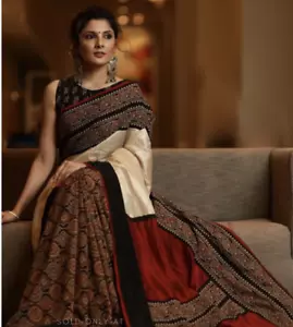 Combination of block printed cotton Ajrakh pleats & pure tassar silk saree with - Picture 1 of 1
