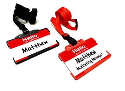 BADGEWORLD Red Hello My Name Is ID Card Lanyard Badge Business Office Manager Supervisor
