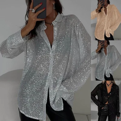 Womens Sexy Sequin Shirts Blouse See Through Evening Party Glitter Clubwear Tops - Image 1 of 4