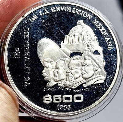 1985 Mexico 500 Pesos 75th Anniversary of 1910 Revolution .925 Silver 33.4 Grams - Image 1 of 3
