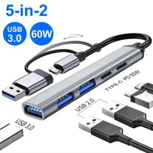 5-in-2 USB Hub 5 Ports 3x USB 1x Type C Data Transfer 1x 65W Charging New - Picture 1 of 4