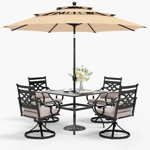 Patio Dining Furniture Set with Umbrella Outdoor Swivel Chairs Table - Picture 1 of 14