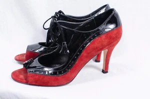 Vaneli Peeptoe Oxfords Black Patent and Red Suede 9 1/2W - Picture 1 of 10