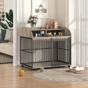 44'' Gray Wooden Dog Crate Dog Kennel w/ Lockable Wheels Double Layer Storage - Picture 1 of 10