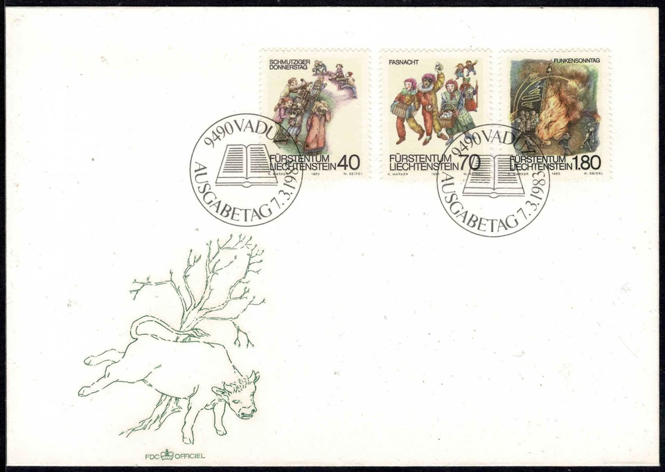 Liechtenstein 1983 Carnivals FDC - Complete Set Of Three Stamps - Mint - Image 1 of 1