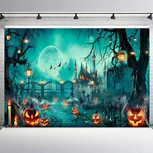 Fondo de vinilo de Halloween cementerio gótico luna aterradora azul de 10x8 pies - Imagen 1 de 11