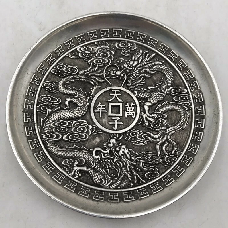 Exquisite Chinese tibet silver handcarved double Dragon plate decoration Foto 1 de 4