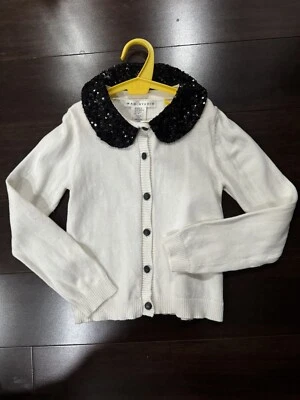 White with Black Shiny Collar cardigan sweater for girl, Sz 5/6. - Image 1 of 4