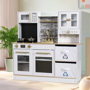 Wooden Kids Pretend Play Kitchen Set Cooking Toys W/Light & Sound, Fabric Boxes - Picture 1 of 9