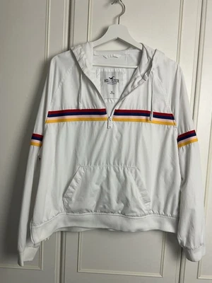 Hollister ветровка спортивная куртка женщин размер XL белый в полоску 1/4 молнии карман - Изображение 1 из 4