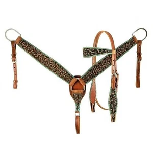 Leather Headstall & Breast Collar Set w/Cheetah & Sunflower Motif - Picture 1 of 4