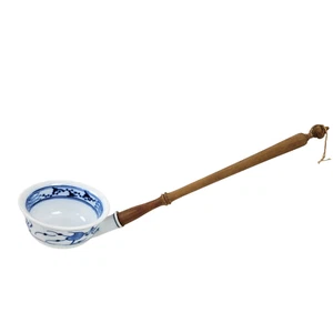 Antique Meissen Style Blue Onion Porcelain Ladle Wood Handle - Afbeelding 1 van 6