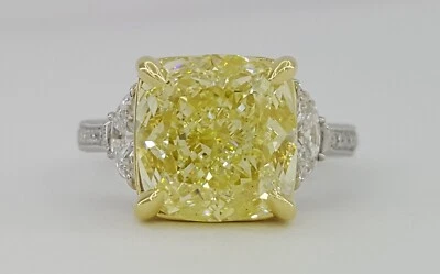 Обручальное кольцо с натуральным желтым бриллиантом-подушкой 5,67 карата 3 камня GIA Rtl 120 000 долл. США - Изображение 1 из 4