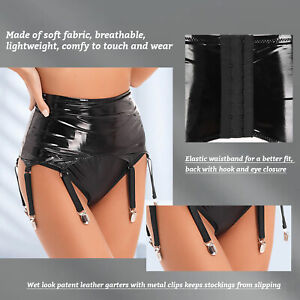 Women PVC High Waist Suspender Belt Metal Buckles 8 Wide Strap Garter Metal Clip