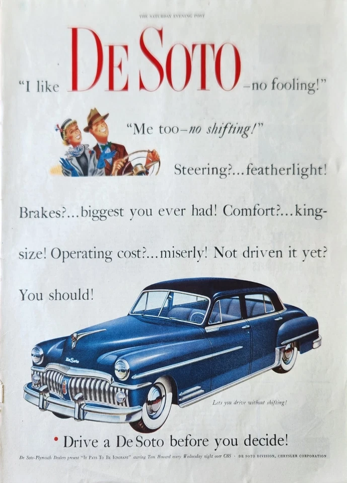 Coche azul DeSoto 19450 Ad Me too sin luz de pluma de dirección de cambio Foto 1 de 1