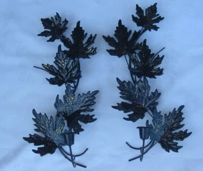 2 apliques de pared de hojas de arce negro brillo Tole de metal portavelas cónicas Foto 1 de 4