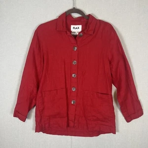 Flax Linen Womens Size Petite Large Button Up Shirt Red Long Sleeve Pockets EUC - Picture 1 of 7
