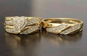 Juego de trío de diamantes simulados de corte redondo de 2,0 quilates enchapados en oro amarillo de 14 k - Imagen 1 de 4