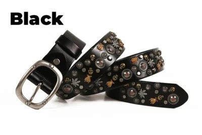 Real Leather Waist Belt Heavy Metal Skull Rivet Studded Unisex Punk Waistband - Image 1 of 4