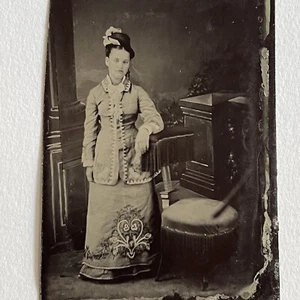 Antique Tintype Photograph Beautiful Young Woman Gorgeous Embroidered Dress - Picture 1 of 8