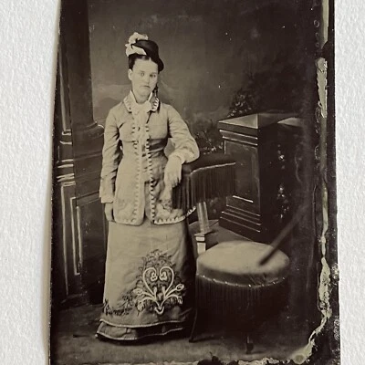 Antique Tintype Photograph Beautiful Young Woman Gorgeous Embroidered Dress - Image 1 of 4