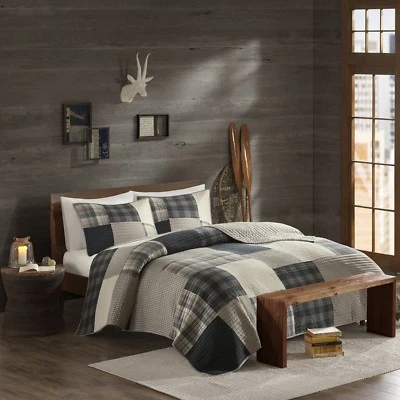 BEAUTIFUL COUNTRY COZY LODGE HUNTING LOG CABIN GREY BROWN BEIGE PLAID QUILT SET - Image 1 of 3