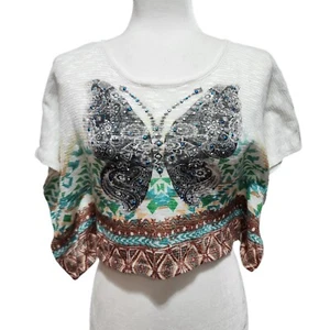 Beautees Womens Off White Crop Top Small Butterfly Print Embellished Colorful Kn - Picture 1 of 10