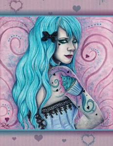 Fantasy PRINT Gothic Bubblegoth Pastel Goth Cupcake Sweet Tattoos Turquoise Pink - Picture 1 of 5