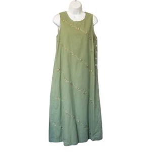 Vintage 90s Dress PS Midi Cotton Green Applique Leaves Sleeveless Jumper Pinafor - Picture 1 of 13
