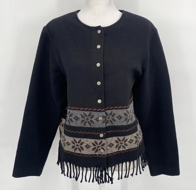 Chaqueta vintage Cynthia Howie para mujer 10 negra lana Fair Isle flecos delanteros a presión Foto 1 de 4