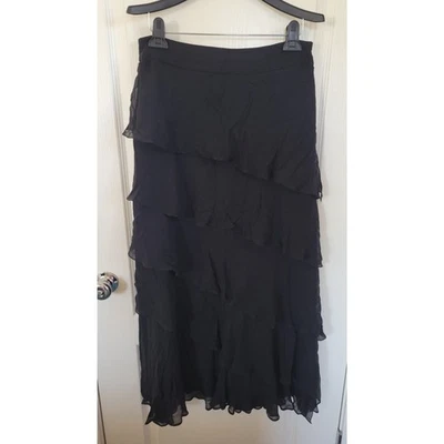 Women's Carmen Marc Valvo Black Silk Tiered Maxi Skirt Foto 1 de 4