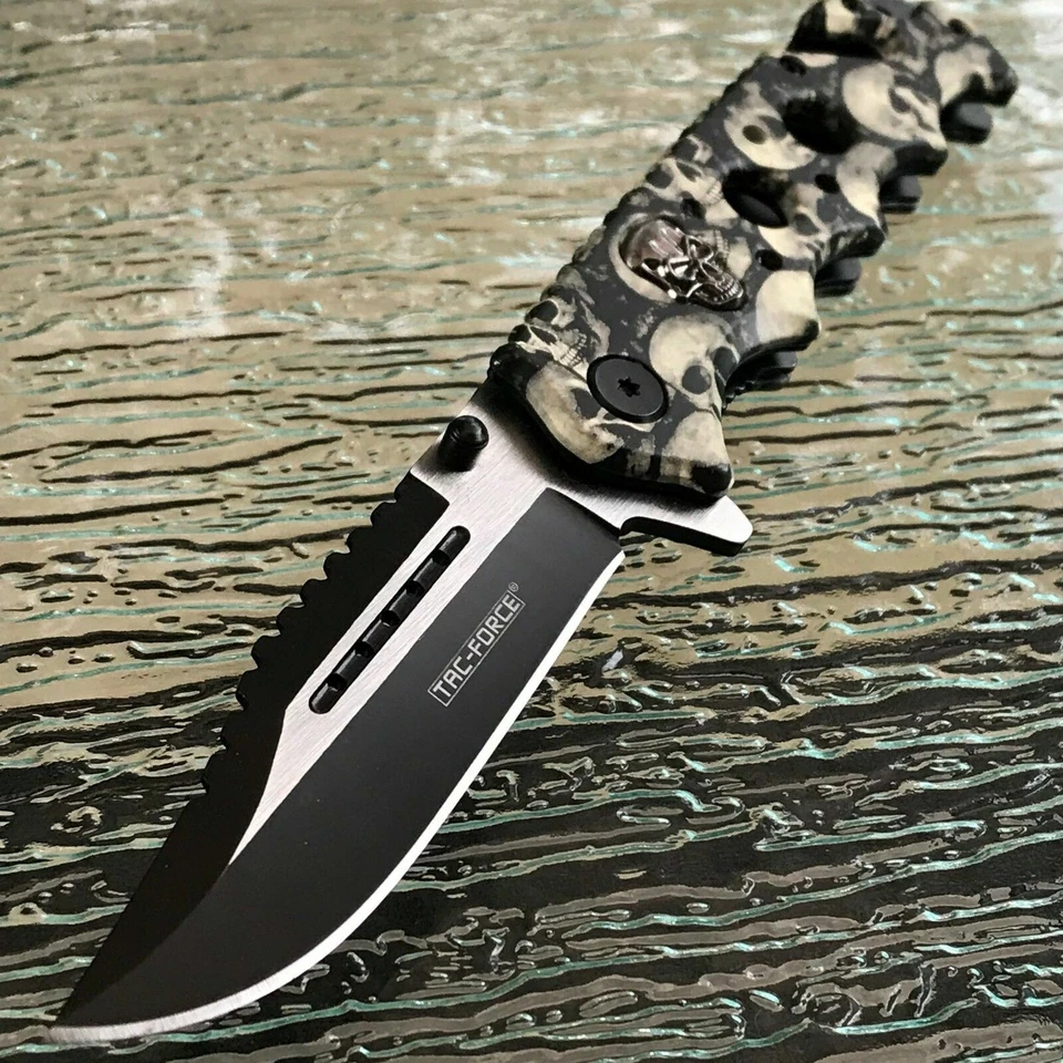 Tac-Force TF-809GY Black Assist Open Camo Grey Skull Folding Knife