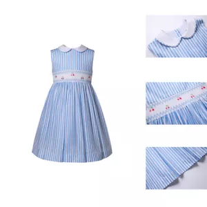 Holiday Cherry Smocked Dress Blue Striped Peter Pan Collar Sleeveless Dresses - Picture 1 of 13