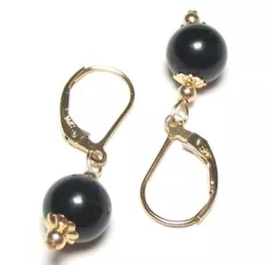 Orecchini Schiena Leva Agata Nera 8 mm in Oro Giallo 14K, Riempiti in Oro o Argento - Foto 1 di 1