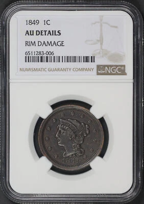1849 Braided Hair Large Cent NGC AU Details Rim Damage - Image 1 of 2