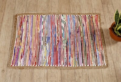 Handmade Indian Chindi Rag Rug 100% Recycled Cotton Large Small Woven Floor Mat - Image 1 of 3