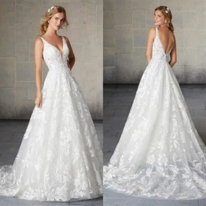 Sleeveless Wedding Dresses Applique Lace Backless Sweep Train V Neck A Line Net - Picture 1 of 15