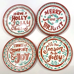 Set of 4 Melamine 9" Plates Christmas Vintage Style Merry Bright Holly Jolly - Picture 1 of 7