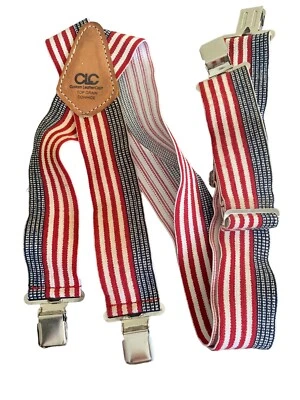 Custom Leather Craft Top Grain Cowhide American Flag Suspenders Red White Blue - Image 1 of 4