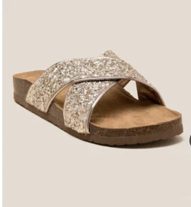Francesca’s Criss Cross Footbed Gold 2 Strap US 7 Slides Sandals Bling! NWOB - Picture 1 of 10