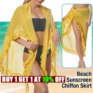 BEACH COVER UP SHEER MINI LONG SKIRT DRESS WRAP SUN BIKINI LADIES BLACK UK - Picture 1 of 16